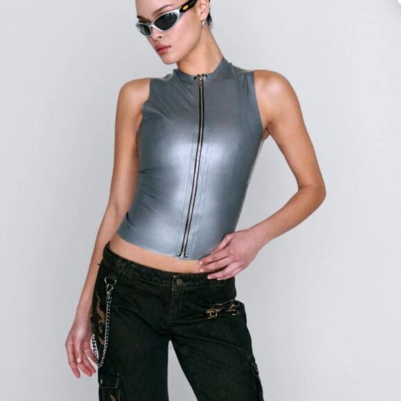 NWT MIAOU aisha latex top iron gray zip front party rave Revolve Sz L $325 - Picture 1 of 10